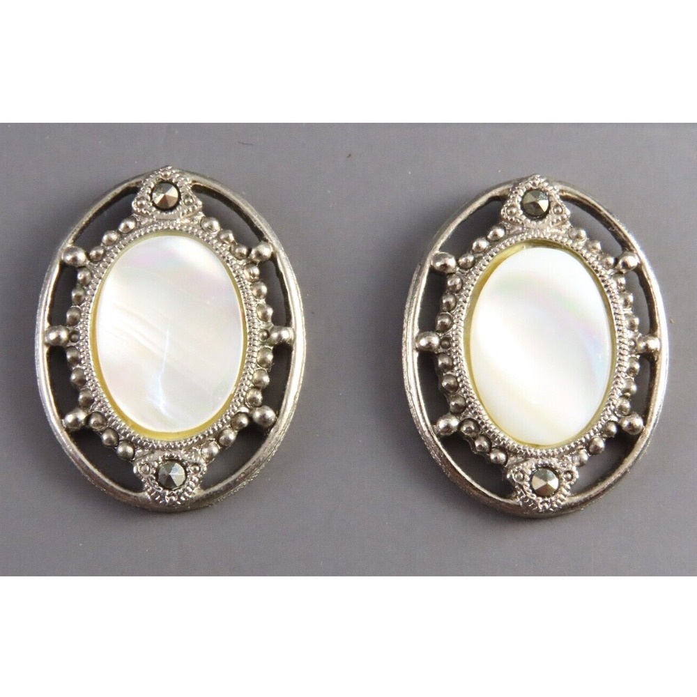 VTG 1928 BRAND Silver Tone Earrings OVAL WHITE MOTHER OF PEARL Marcasite in Halo